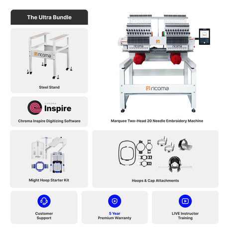 Marquee Two-Head 20-Needle Commercial Embroidery Machine with 10.1" Touchscreen Panel