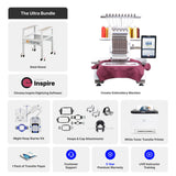 Embroidery machine bundle with stand, software, and accessories on a white background