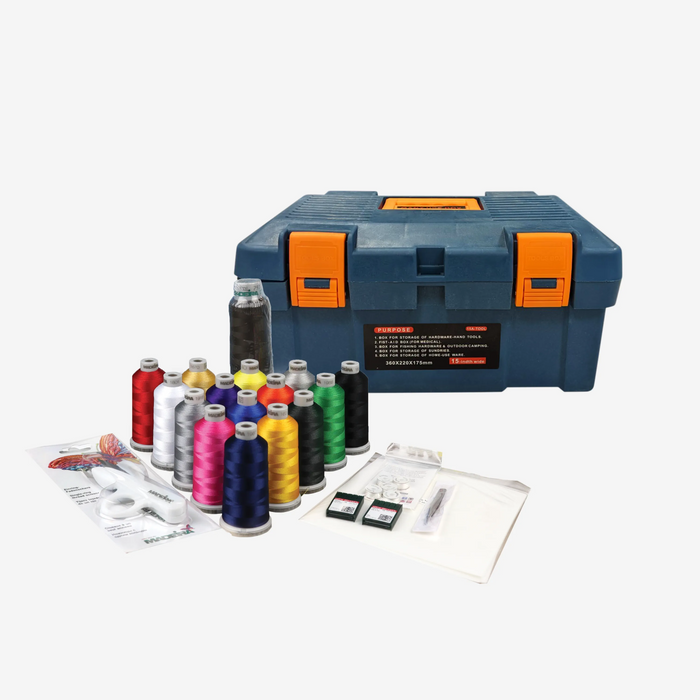 tool kit, embroidery threads, stabilizers, needles and everything you need to get started with your embroidery machines