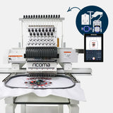 Embroidery machine with digital display and accessories on a white background
