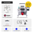 Embroidery machine bundle with stand, software, and printer on a white background