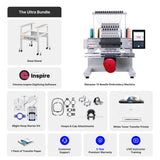 Promotional image of embroidery machine bundle with components listed.