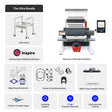 Collection of embroidery machine components and software on a white background
