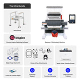 Collection of embroidery machine components and software on a white background