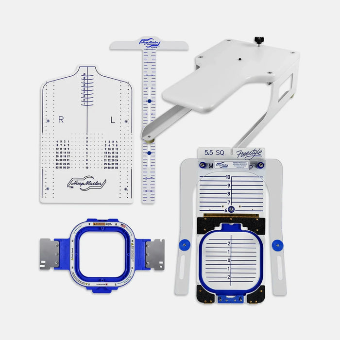 Collection of sewing tools including a ruler, pattern guide, and measurement device on a white background.