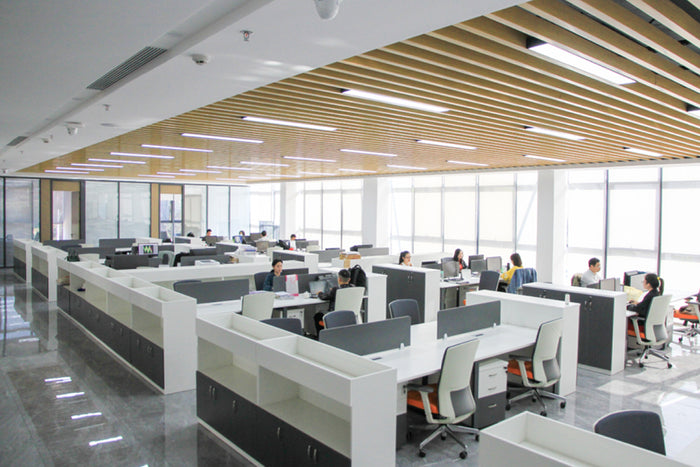 Modern office with open-plan layout and large windows